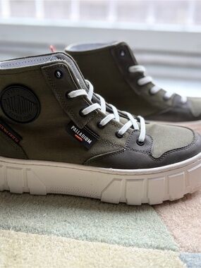 Palladium Olive and White High-Top Platform Canvas Sneakers